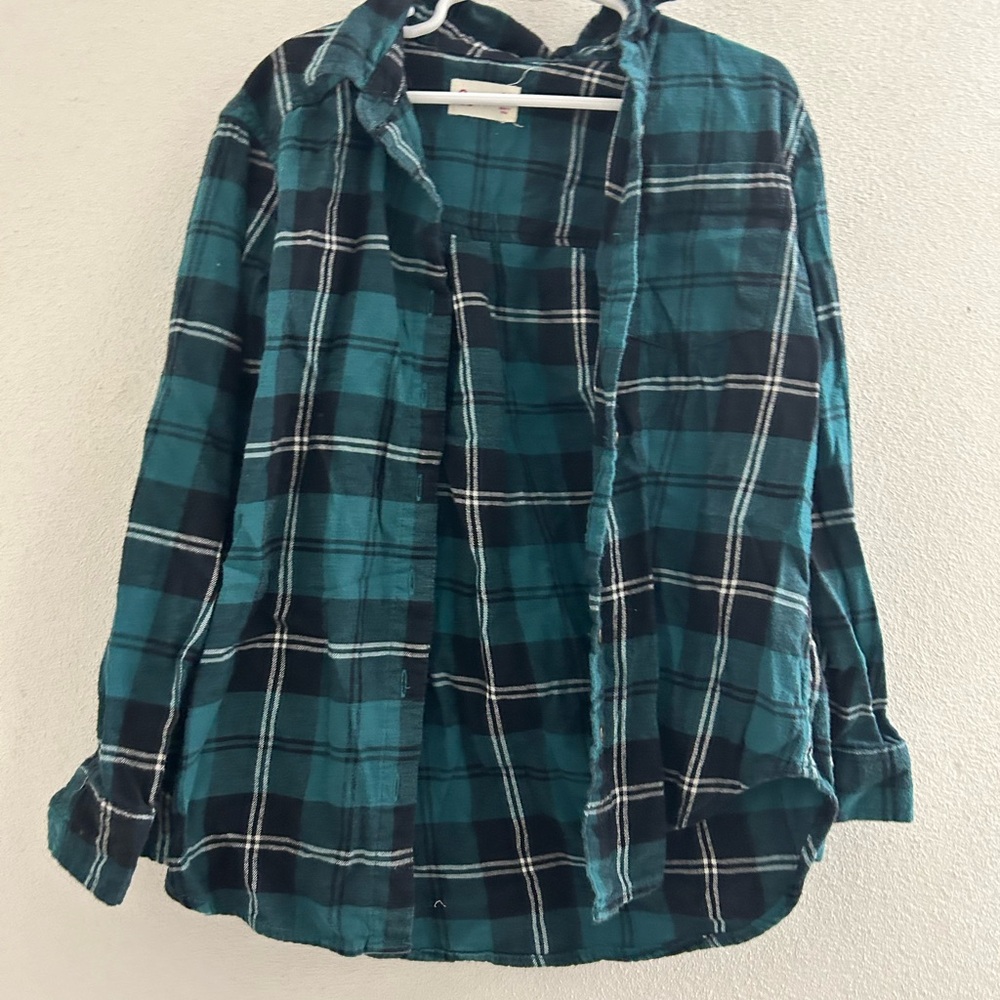 SO Teal and Black Plaid button up shirt for girls size 7